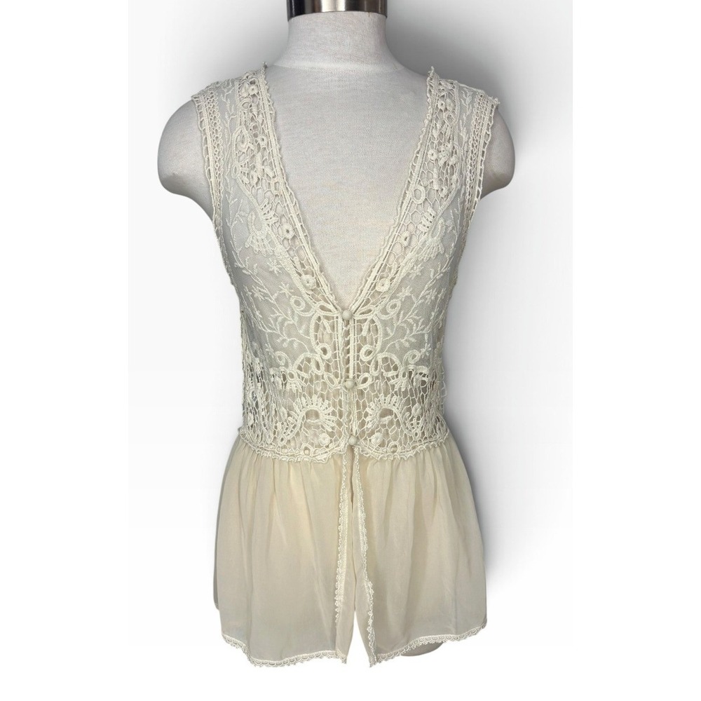 A'reve Ivory Crochet Lace Sheer Chiffon Boho Romantic Sleeveless Vest Tunic Top
